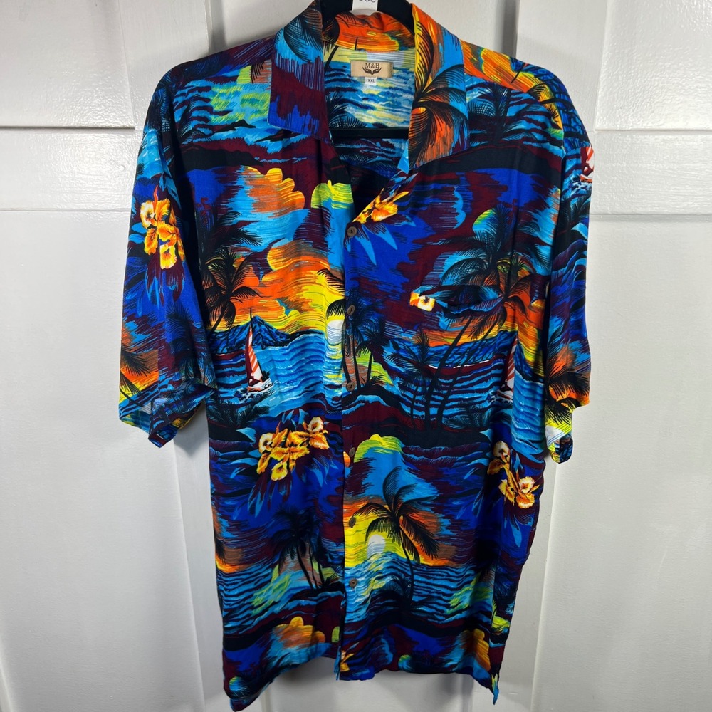 M&B Mens XXL Tropical Island Sunset Palm Tree Hibiscus Aloha Camp Shirt Blue